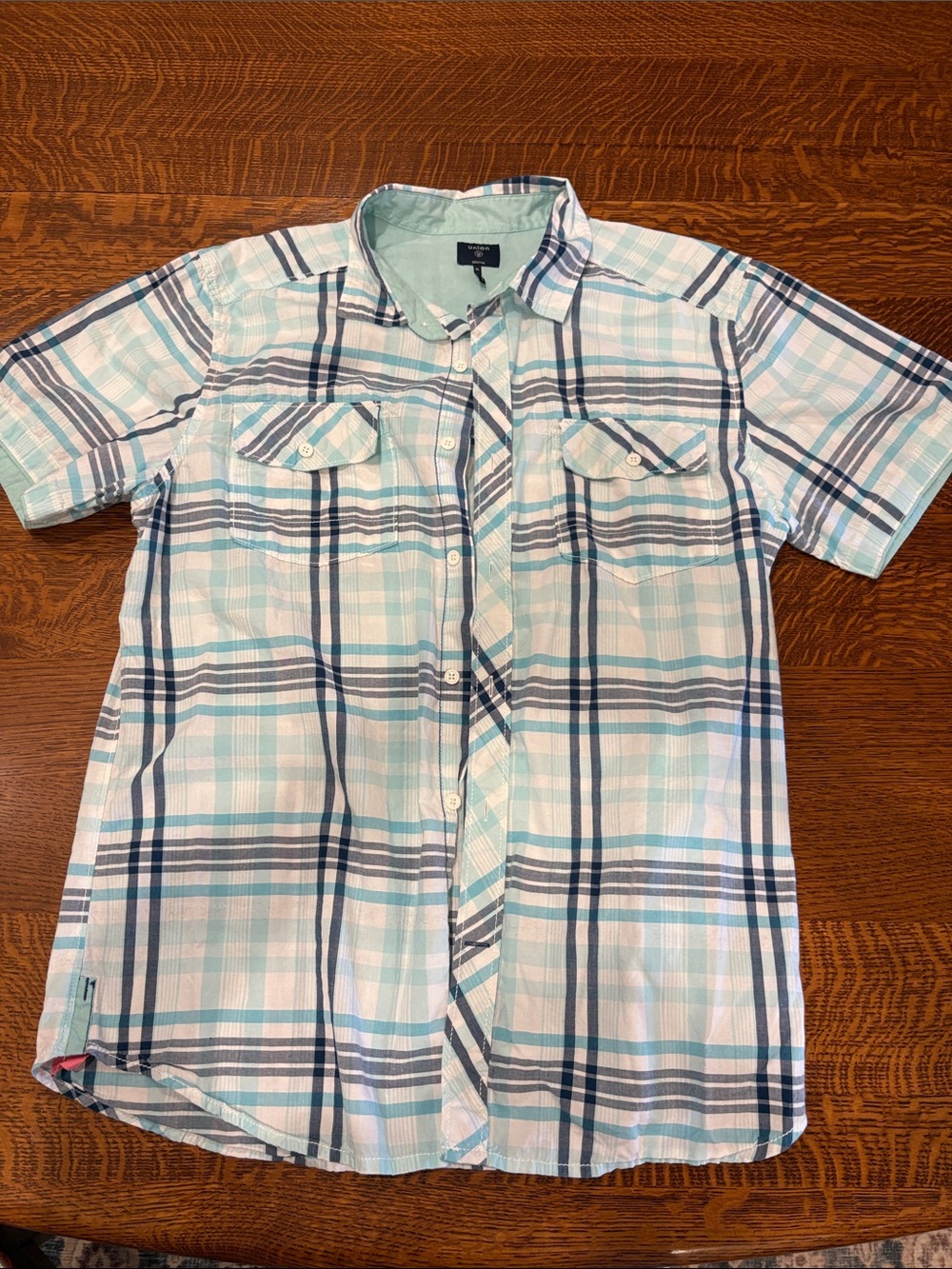 Union Men’s XL Short-Sleeve Plaid Button-Up Shirt - Light Blue/White